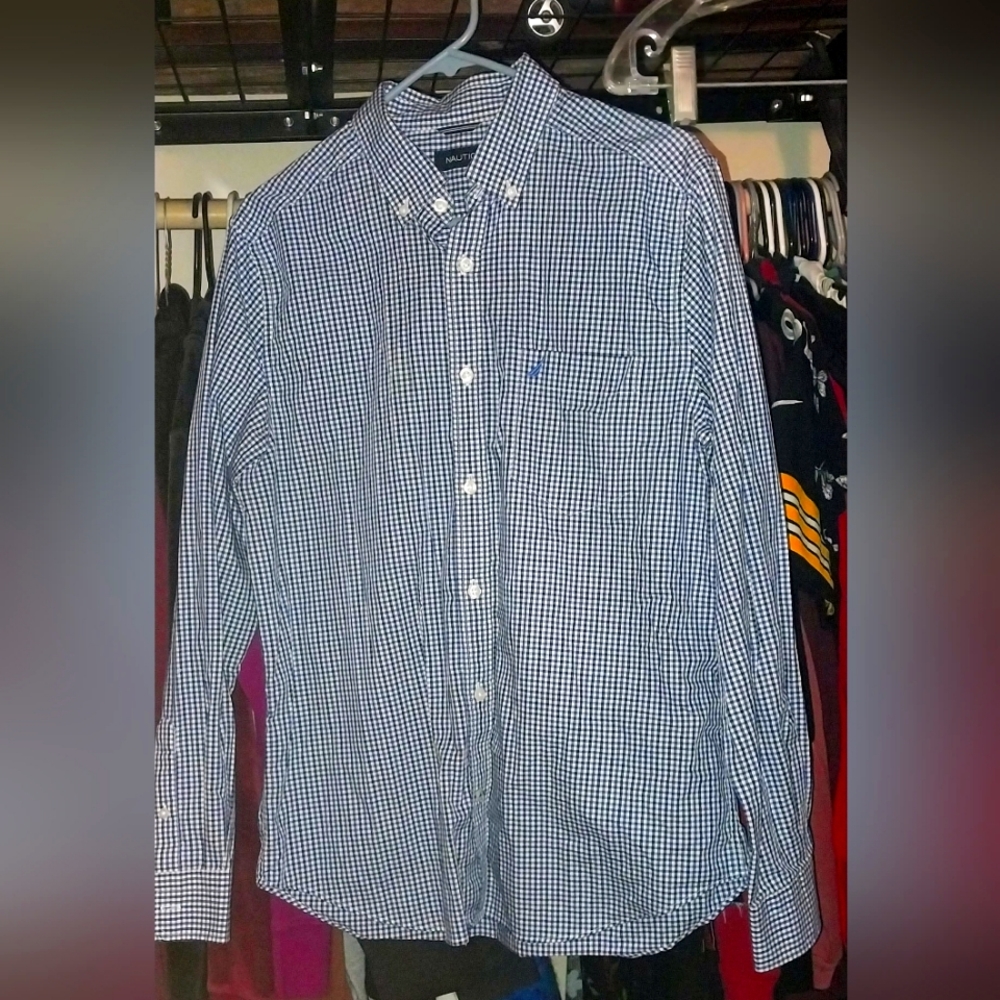 Nautica Men's Navy/White Checkered Button Down Shirt